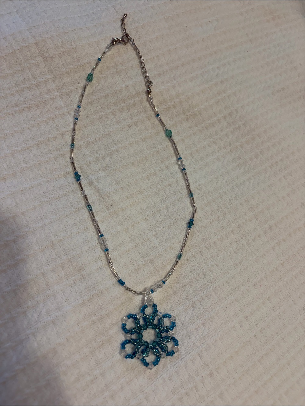 Blue Beaded Flower Pendant Necklace